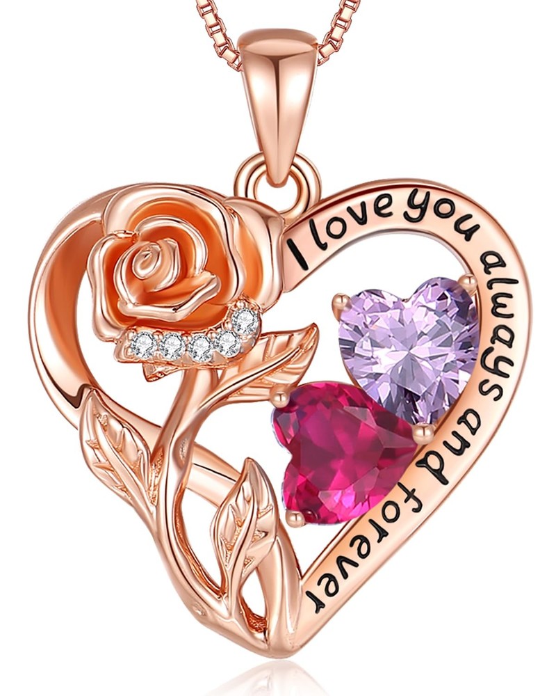 925 Sterling Silver Double Birthstone Rose Flower Heart Jewelry Necklaces for...