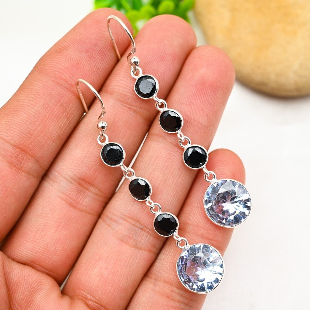 White Topaz, Black Onyx Gemstone Earring 925 Sterling Silver Handmade Jewelry