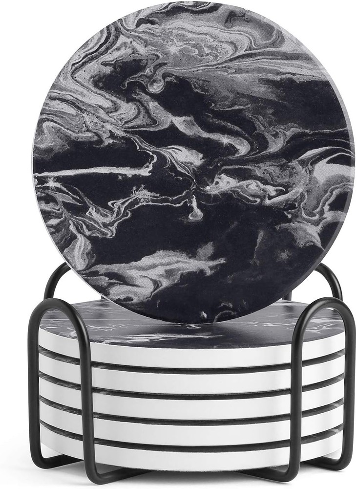 LIFVER Coasters Set of 6 Absorbent Drink with Black Ink Marble