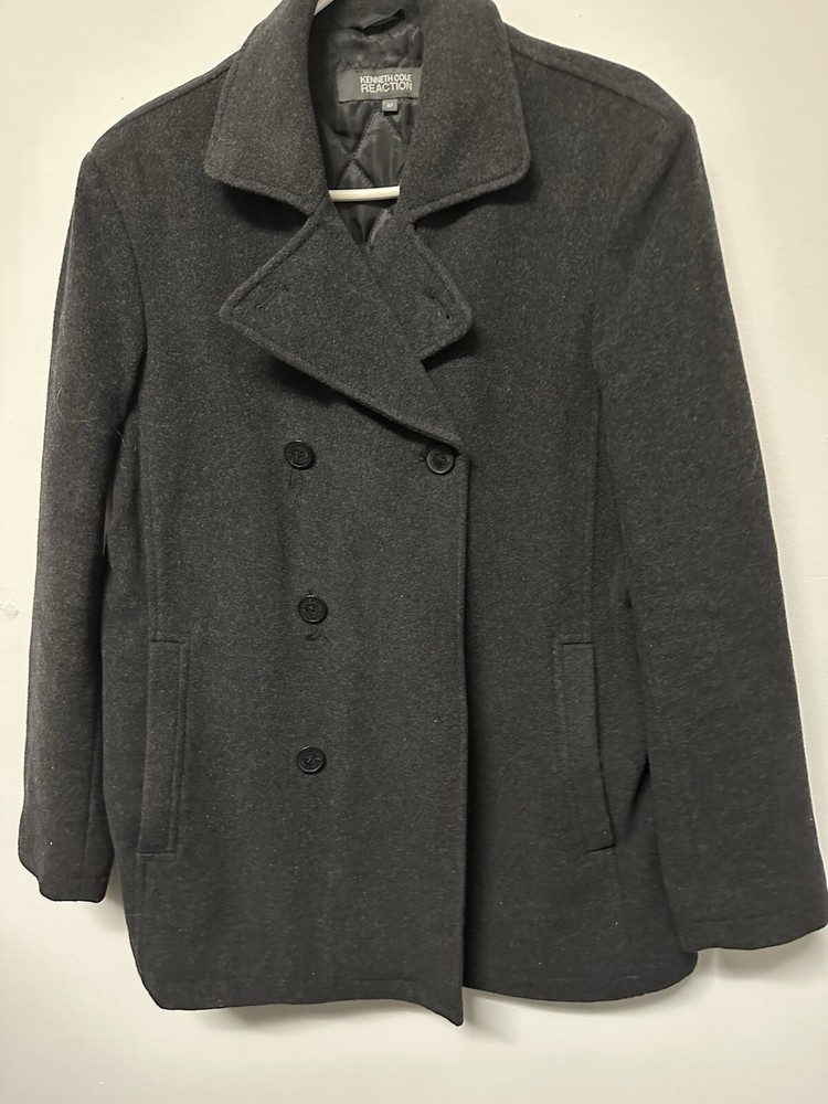 Kenneth Cole Reaction Mens Black Wool Blend Pea Coat Size Large Button Up
