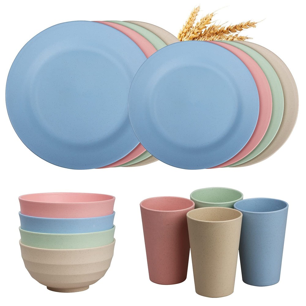 Wheat Straw Dinnerware Sets of 4 - Unbreakable Cups, Camping Plates and Bowls...