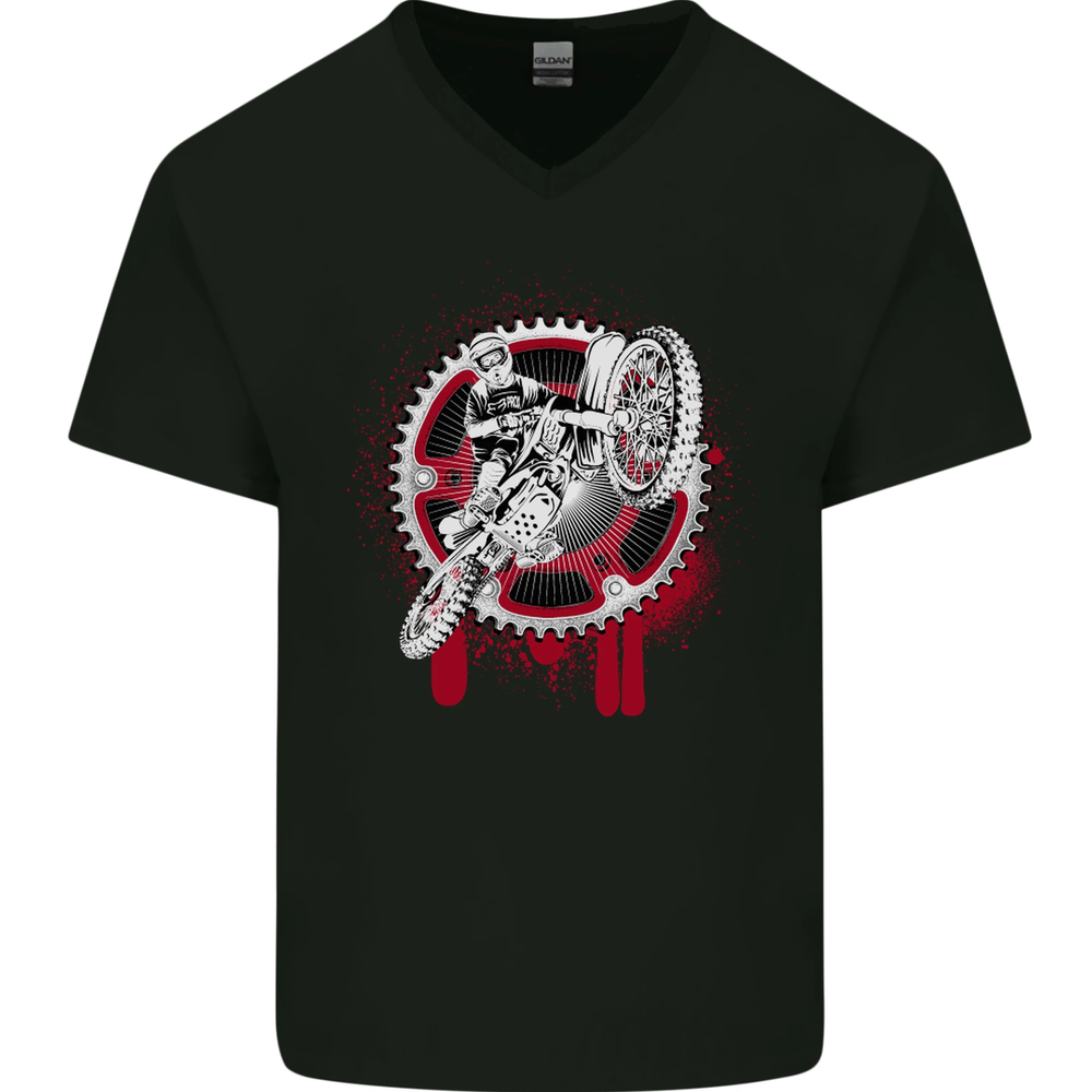 Motocross Bike on a Background of Gears Mens V-Neck Cotton T-Shirt