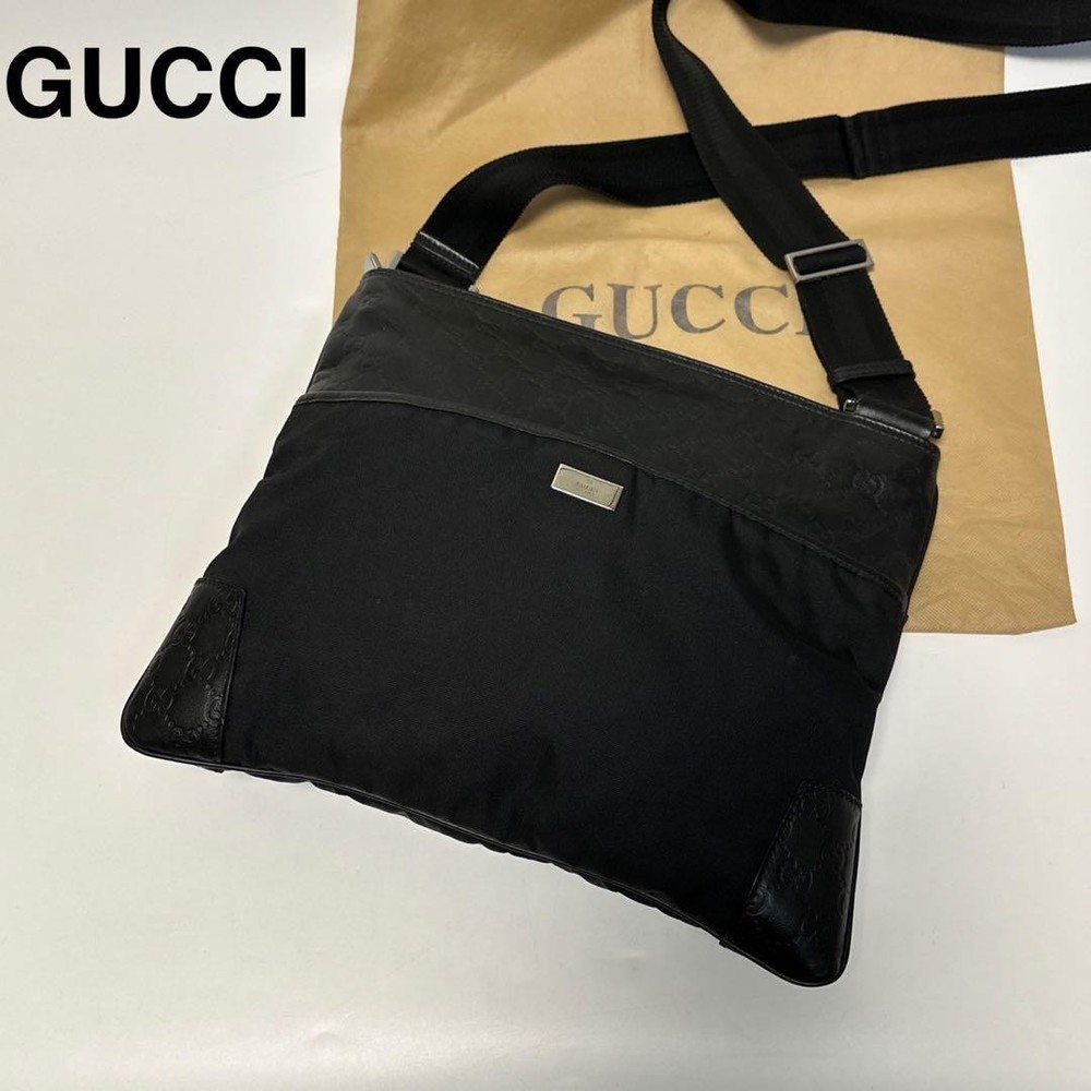Gucci GG Shima Black Leather Shoulder Bag M36 Logo Plate New