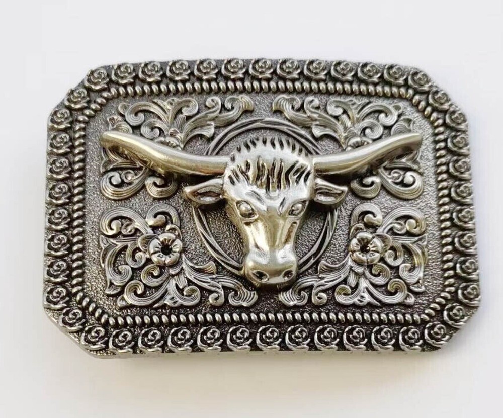 Bull Floral Western Belt Buckle Vintage Style Metal Men Women Cowboy Rodeo Wear