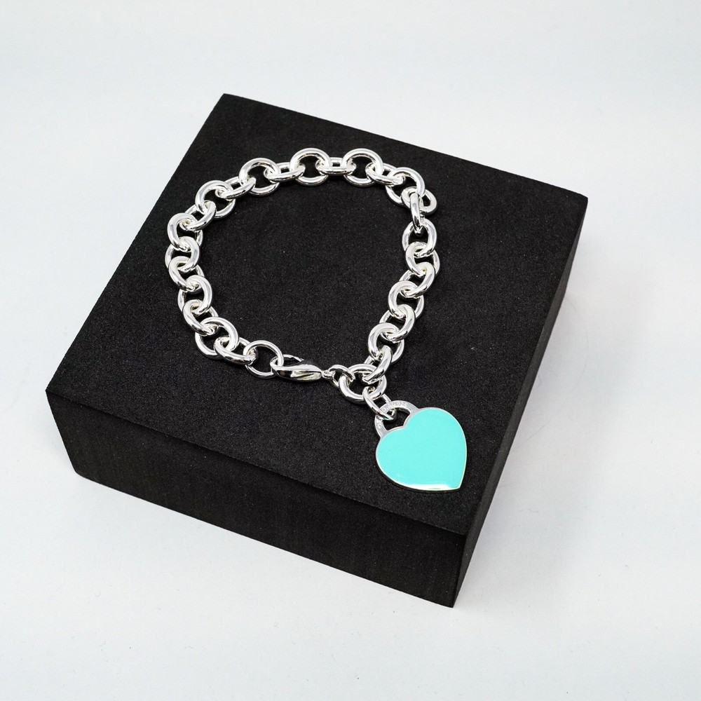 Tiffany & Co. 925 Silver, Blue Heart Tag Bracelet 20cm With Gift Box Set