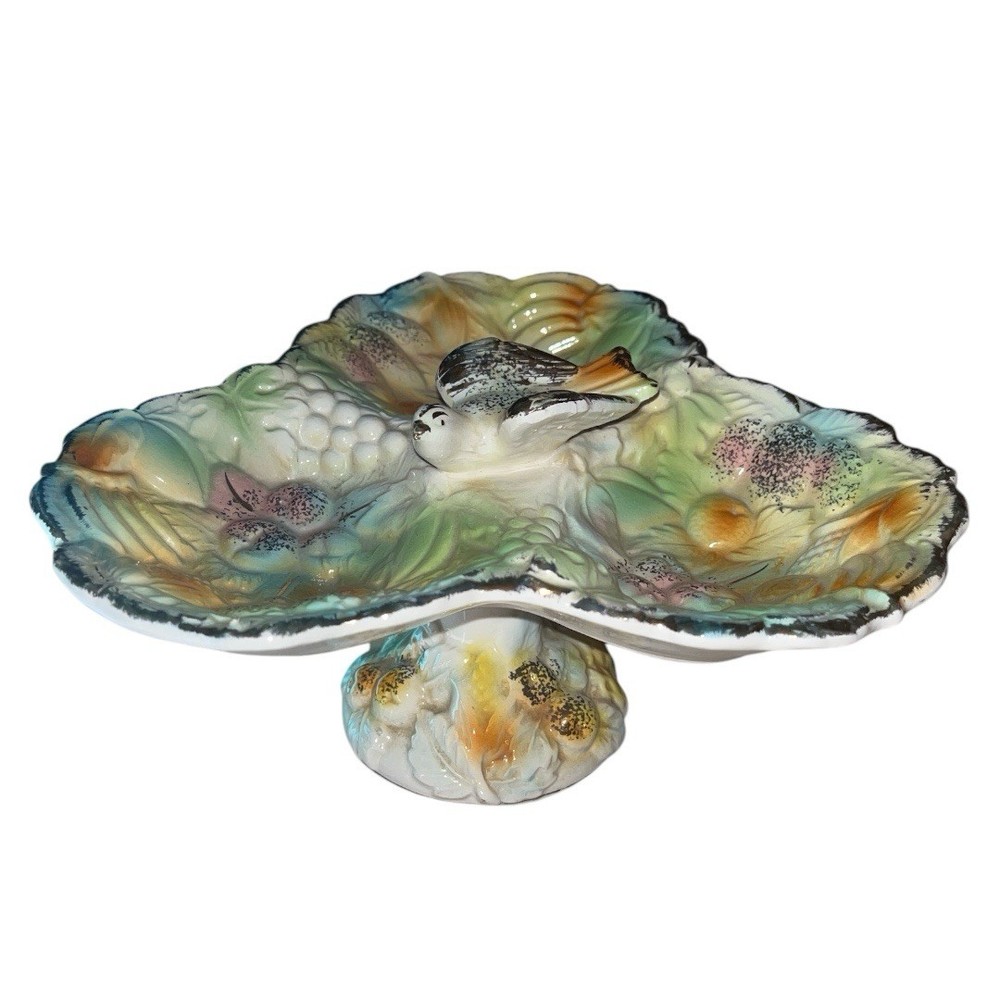 Vintage Betson Hand-Painted Cottagecore Pedestal Dish with Fruit and Bird Motif