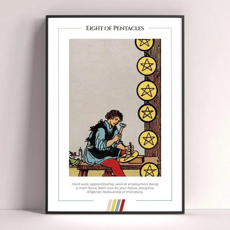 Eight of Pentacles Tarot Card Art Print and Digital Download