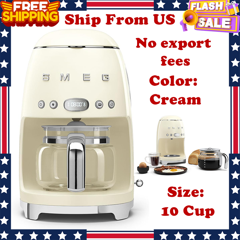 SMEG 50s Retro Drip Coffee Maker 10 Cup Glass Carafe Auto Start Cream Warm Plate