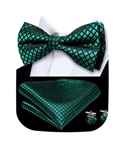 Men's Black Green Plaid Pre-Tied Bow Tie Set with Pocket Square & Cufflinks