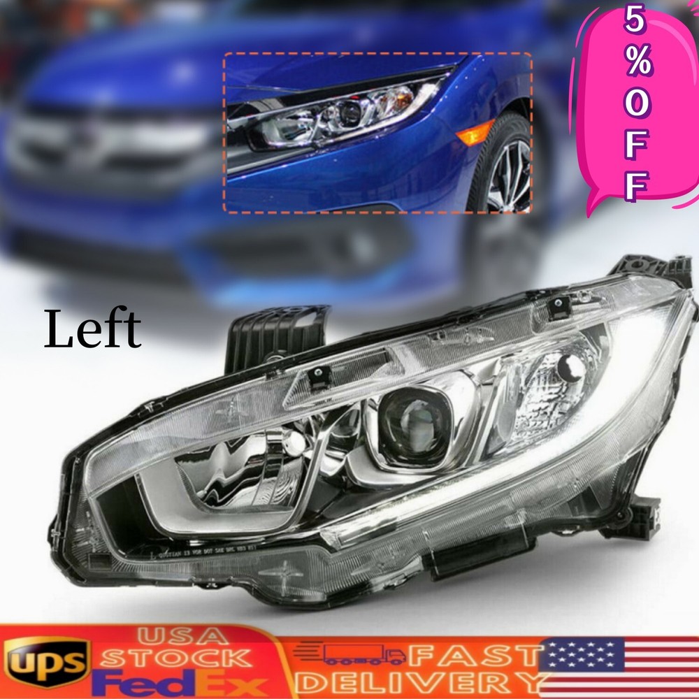 Left Driver Side for 2016 2017 2018 Honda Civic Sedan Headlamp Halogen Headlight