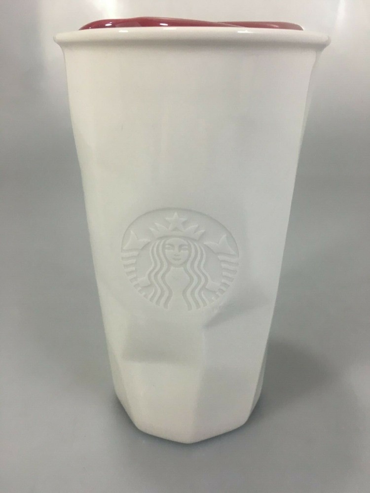 Starbucks White Mermaid Embossed Faceted Ceramic Travel Mug Tumbler 10 oz 2013