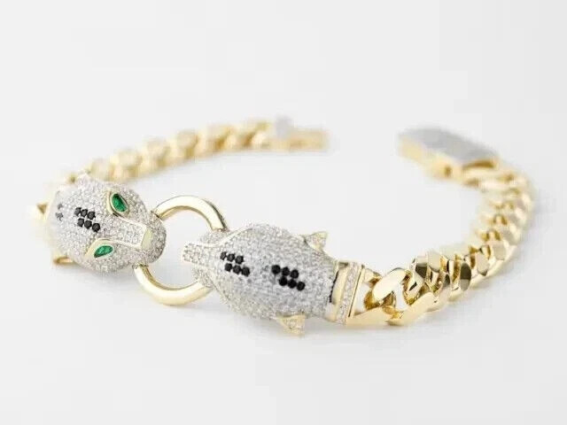 10ct Pear Simulated Emerald Panther Cuban link Bracelet 14k Yellow Gold Plated