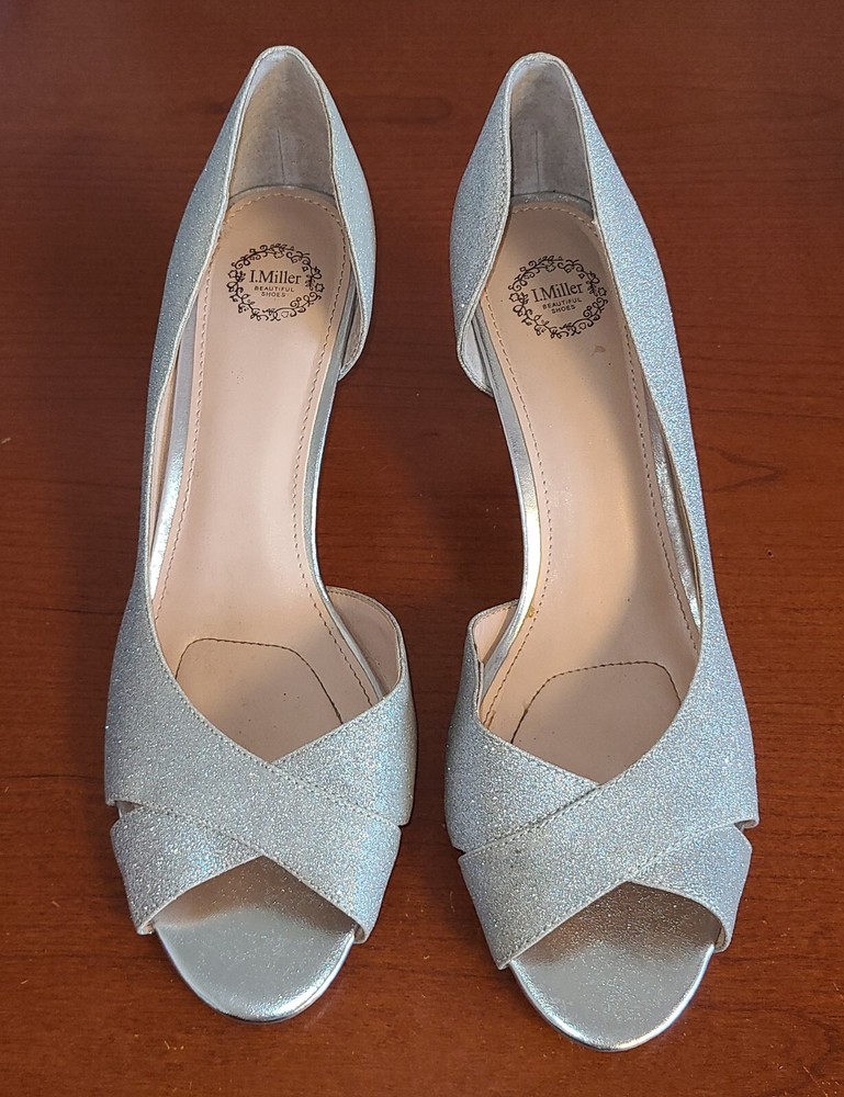 I Miller Shoes Sz10M Pumps Heels Silver Glitter Peep Toe Women's 3 Inch Heel.