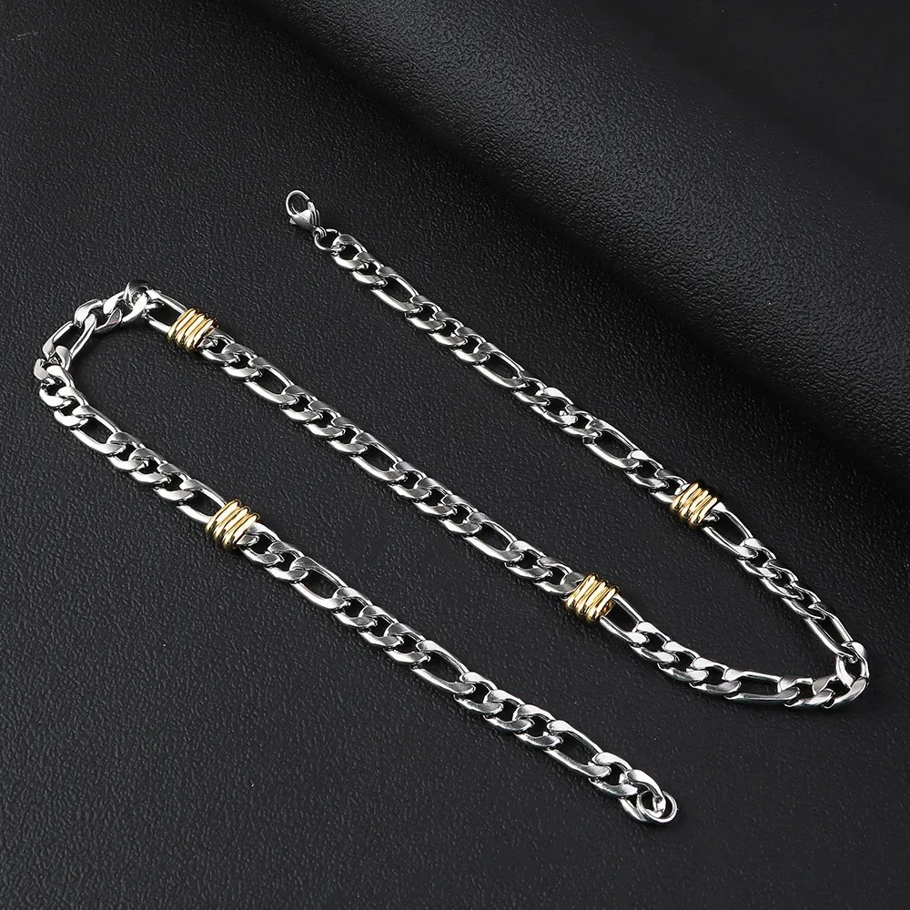 Stainless Steel Figaro Chain Necklace with Gold Accent Rings - 55CM Length