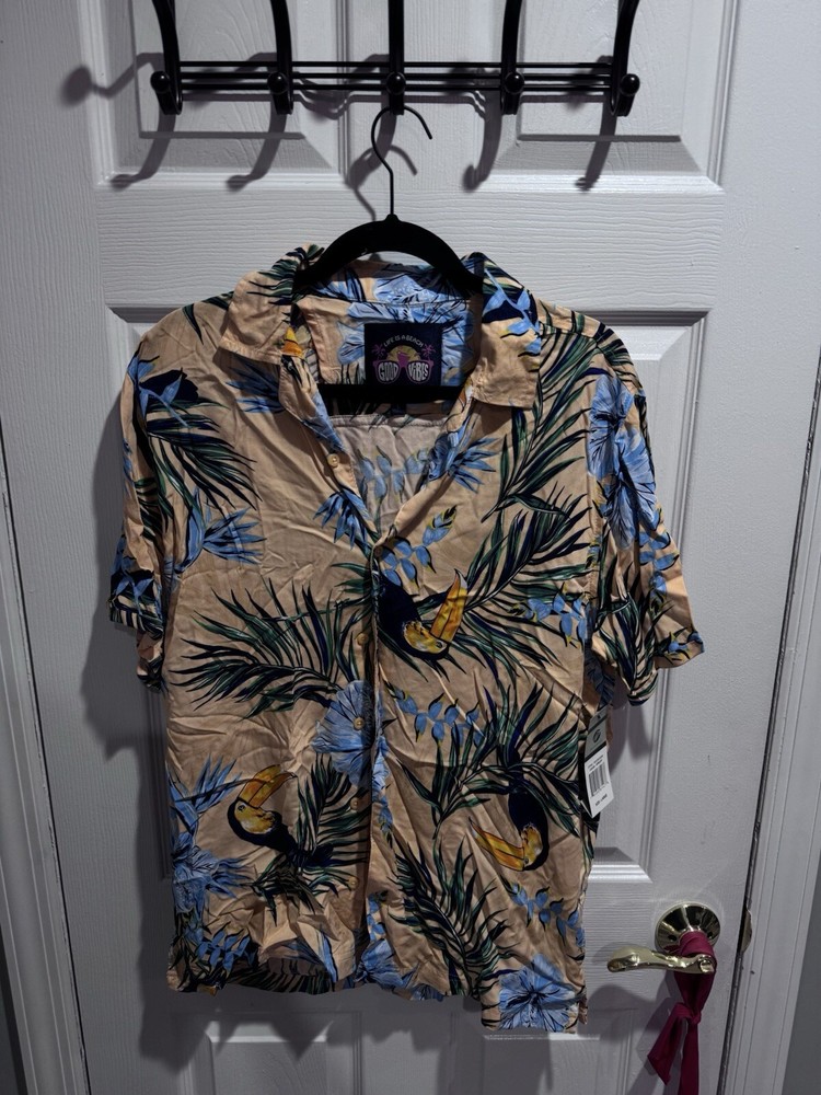 Hawaiian Yellow Tree Print Shirt Men's Size L Aloha Style  