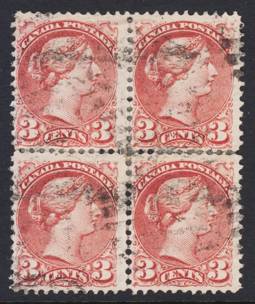 CANADA 37a Used 3c deep rose Small Queen BLOCK OF 4