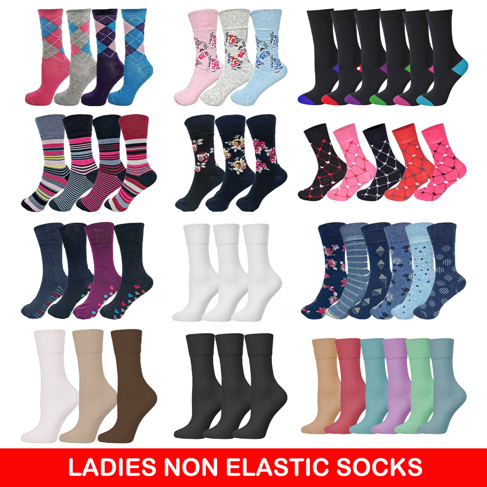 Womans Diabetic Socks Ladies Non Elastic Gentle Loose Top Soft Grip 6/12 Pairs