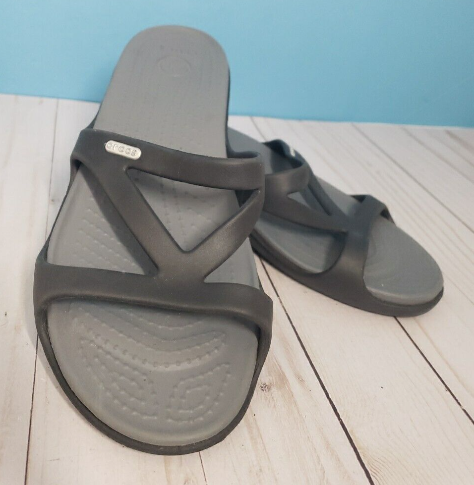 Crocs Hilga Size 9 Black/Gray Strappy Low Wedge Slip On Slides Open Toe Sandals