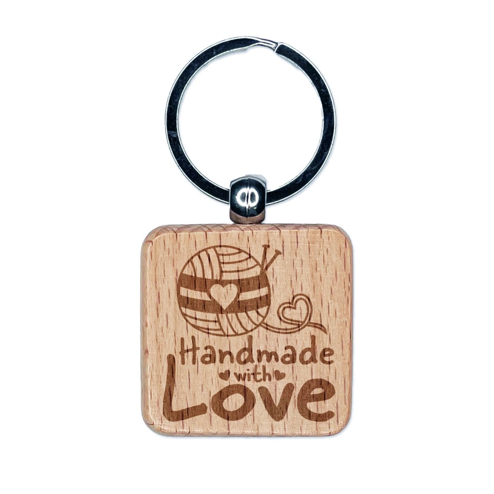 Handmade Knitting Yarn Wood Keychain Charm with Engraved Square Tag