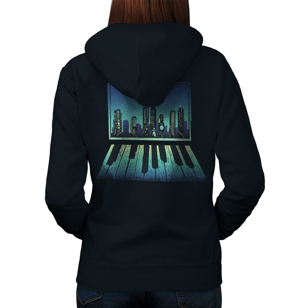 Wellcoda Piano City Skyline Urban Music Lovers Womens Hoodie Back