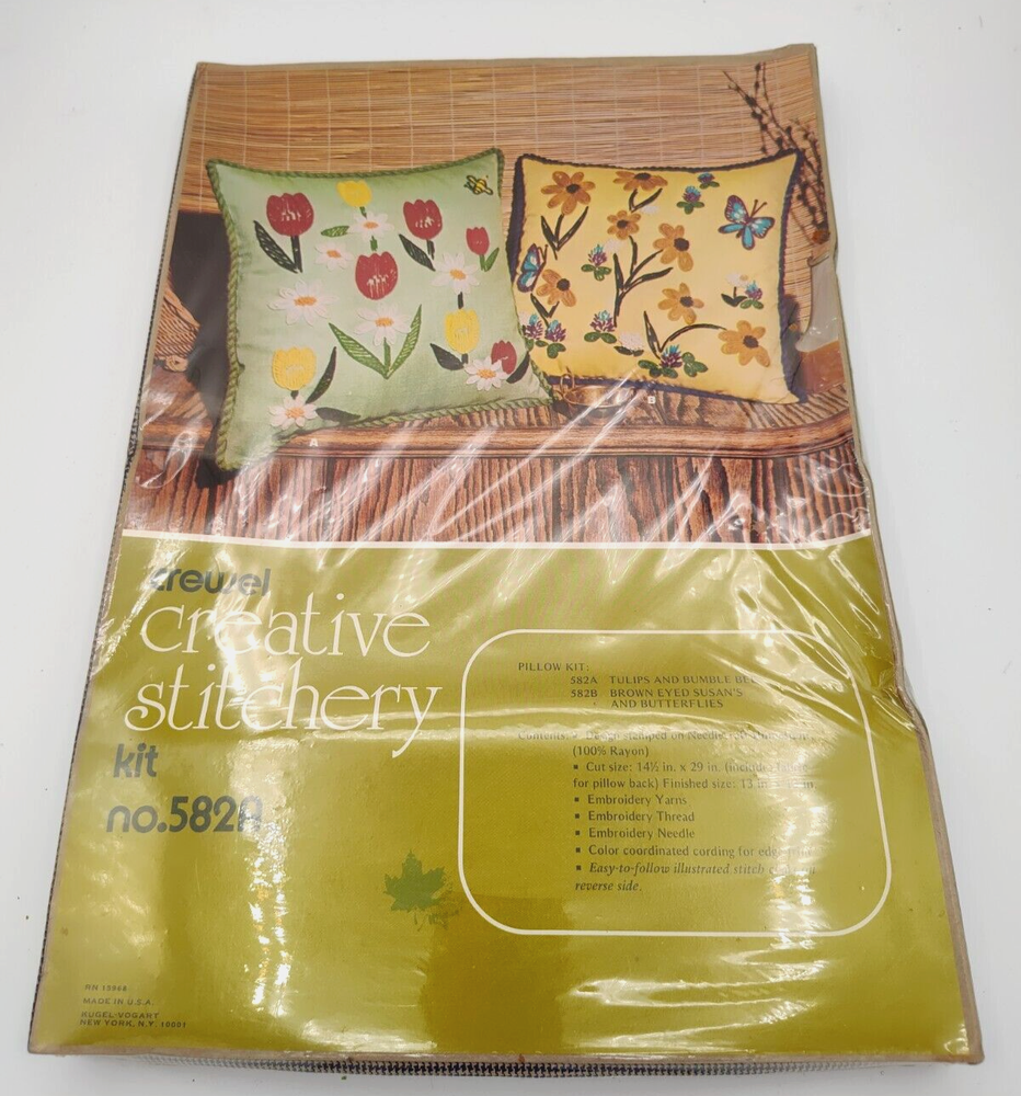 Vintage Crewel Stitchery Needlepoint Pillow Kit 582A Tulips Bumble Bees Design