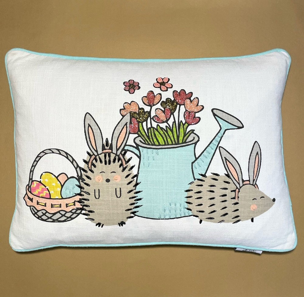 Bunny Tales Accent Throw Pillow Beaded Hedgehogs Springtime Easter Bunnies 20x14