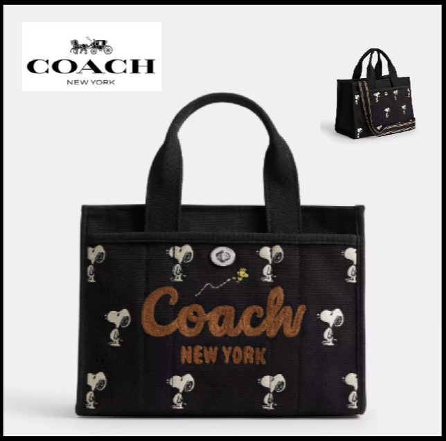 COACH CBF70 Peanuts Cargo Tote 26 Canvas Grosgrain Shoulder Bag Black Outlet New