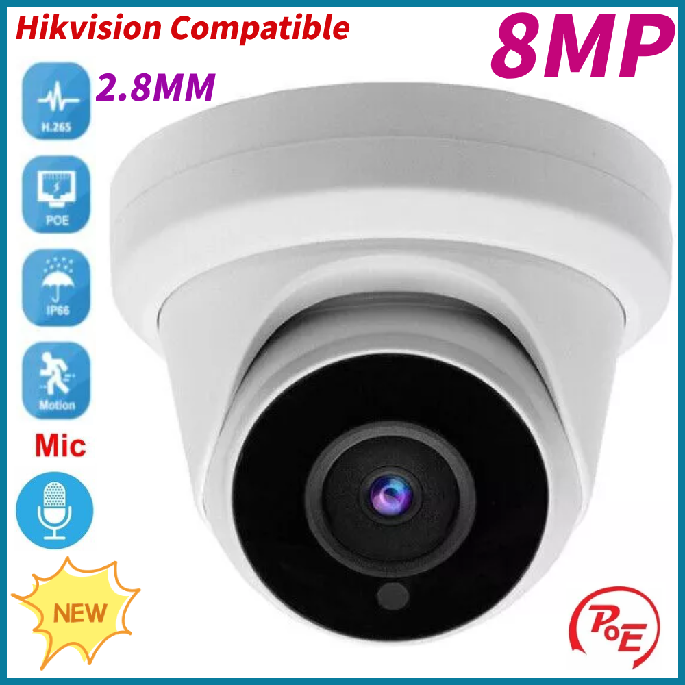 Hikvision Compatible 8MP  Turret Dome IP White POE Camera IR Built In Mic 2.8mm