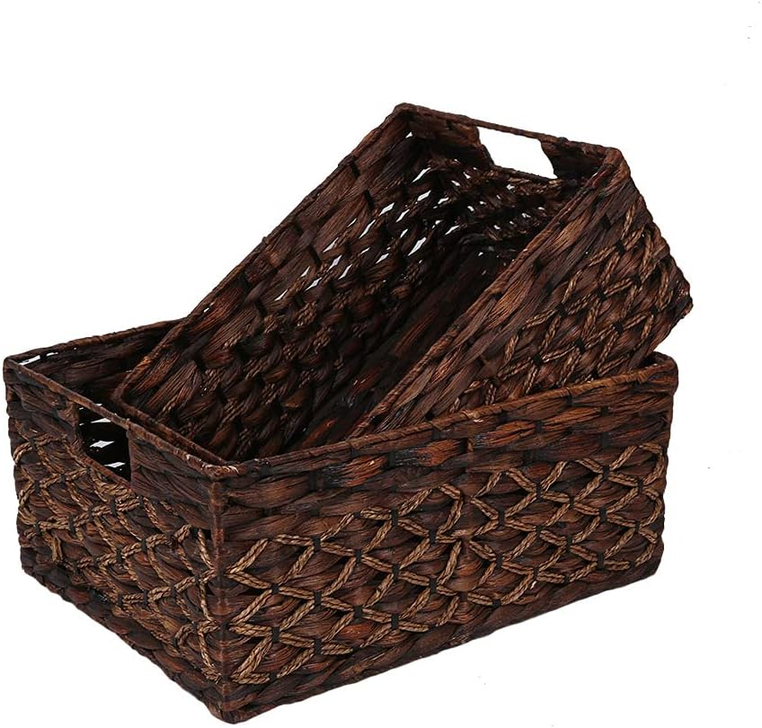 Rectangular Woven Water Hyacinth Basket,Dark Storage Basket with inside Handle S