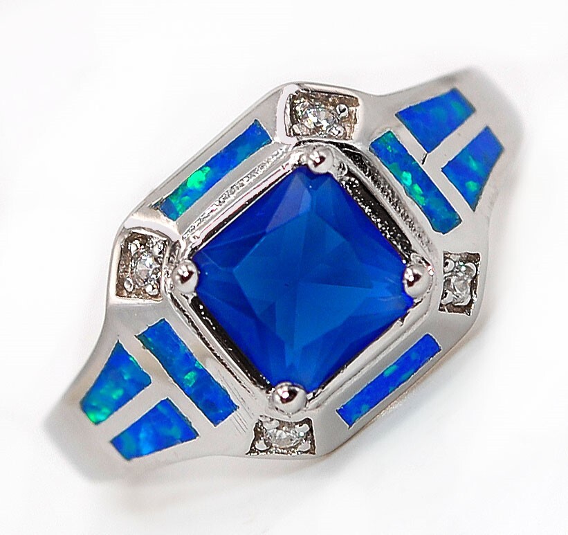 1CT Treated Sapphire & Australian Opal Inlay 925 Sterling Silver Ring Sz 6 BA4