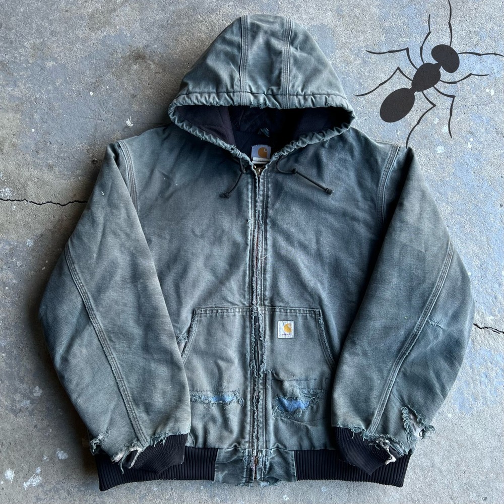 Vintage y2k faded black distressed carhartt hooded work wear jacket