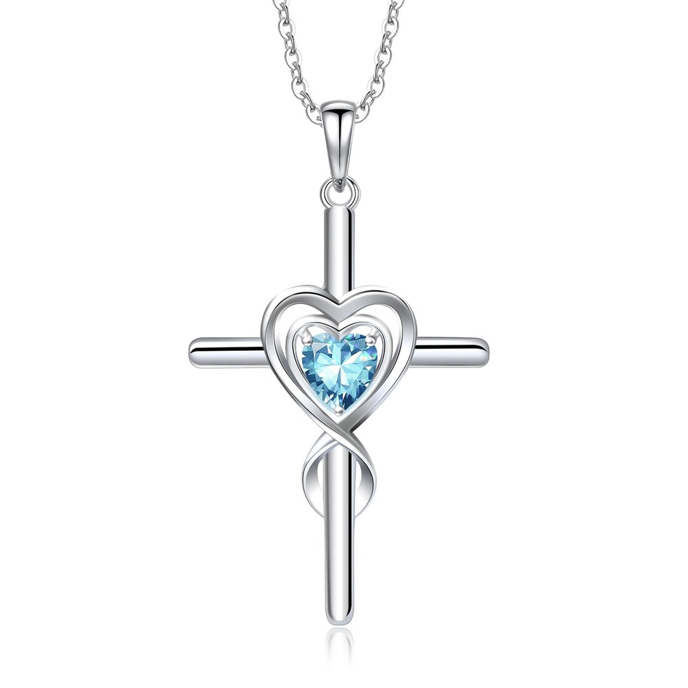 Cross March Birthstone Necklace for Women,925 Sterling Silver Heart Pendant N...