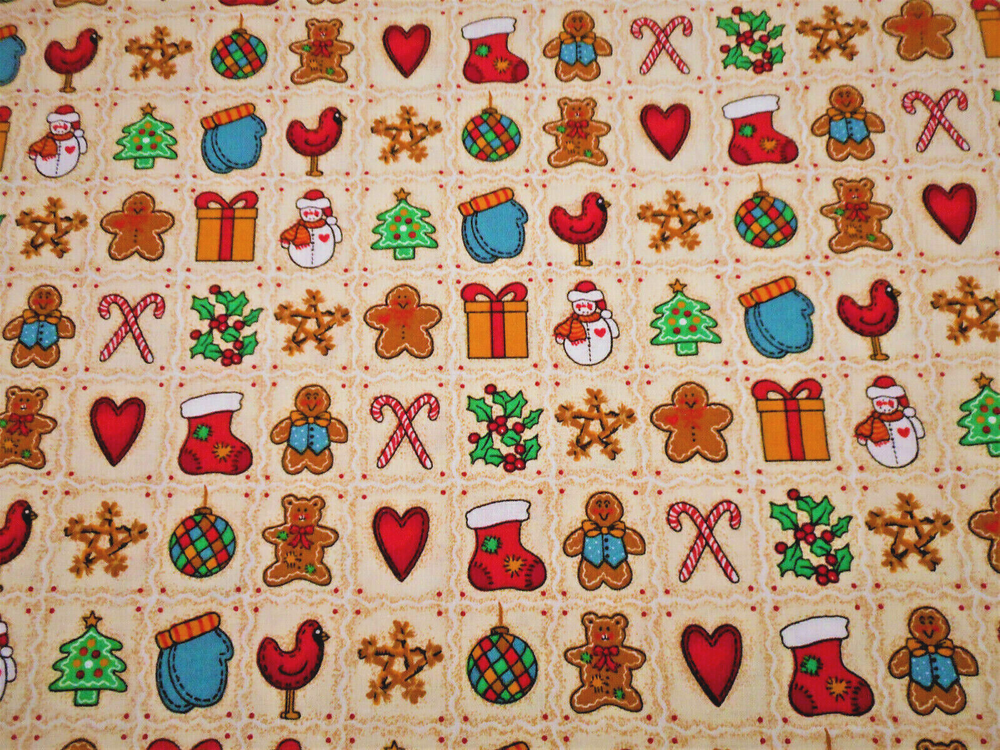 Christmas Fabric 1 Yard Tree Holly Snowmen Gift Candy Patch Cotton #45 Vtg C