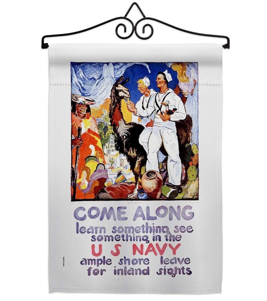 Come Along Garden Flag Set Wall Hanger Armed Forces Navy USN Seabee United St...