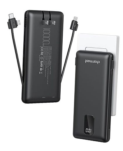 10000mAh Portable Charger with Built-in Cables & Wall Plug for On-the-Go Power