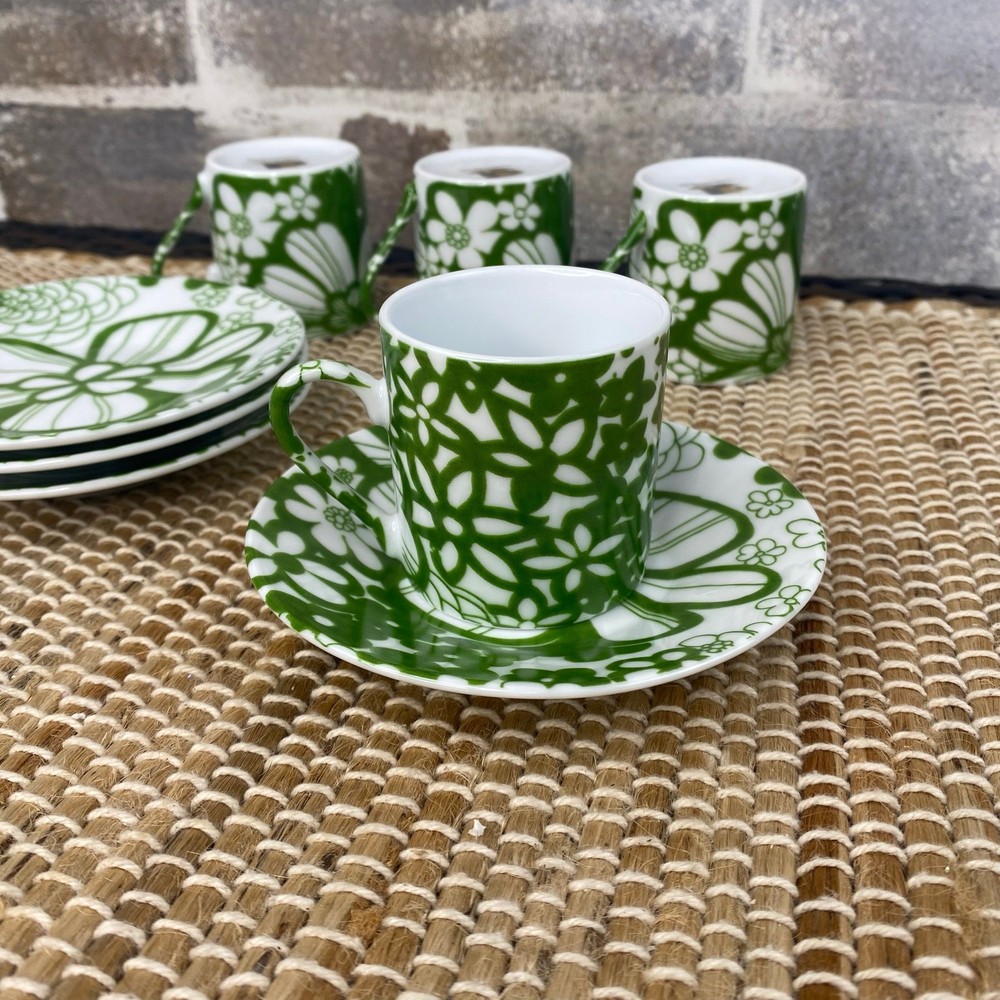 New Four sets - Demitasse Espresso Cups and Saucers Green & White Floral