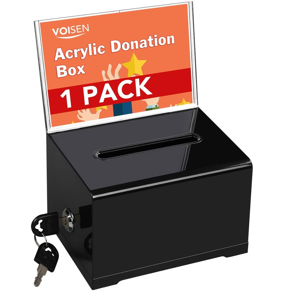 Acrylic Donation Box with Lock, Black Ballot Box with Sign Holder, Suggestion...