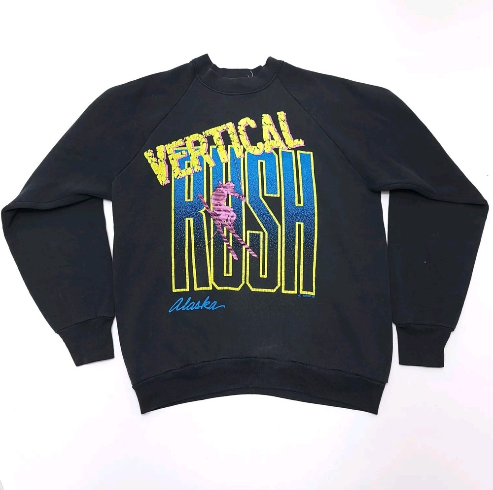 Retro 80s Ski Sweatshirt Black Neon Large Crewneck Alaska Vertical Rush Design