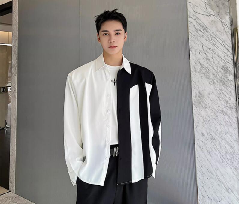 Men's Autumn Fashion Lapel Long Sleeve Loose Color Matching Shirt Casual Tops