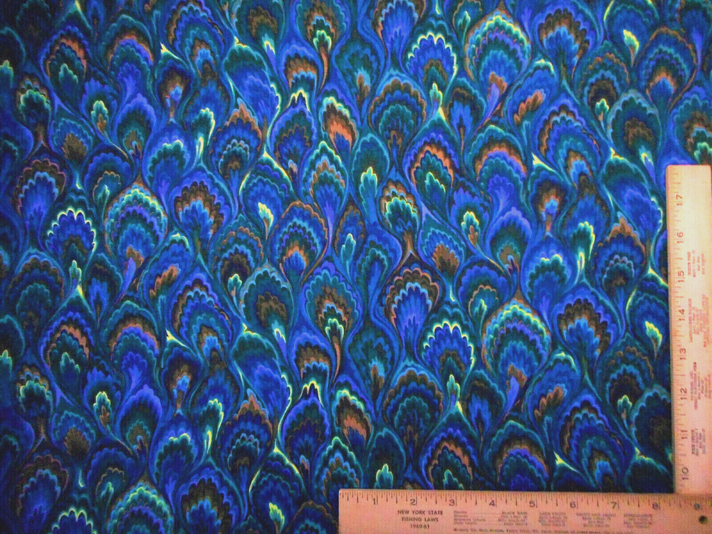 Alexander Henry Fabric 1 Yard Dk Blue Green Brown Yellow Turq Floral Cotton Vtg