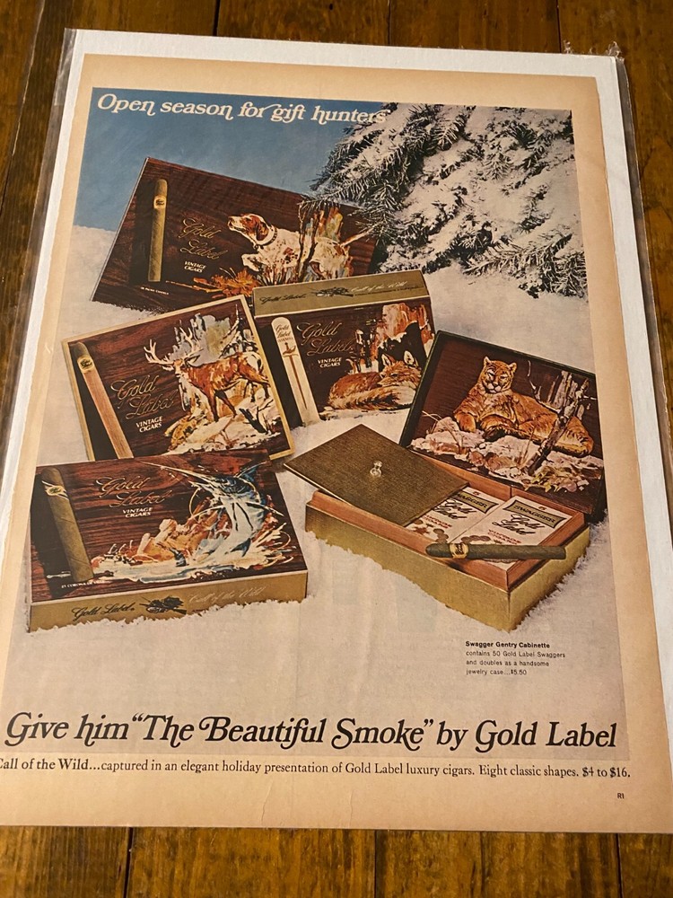 Vintage 1967 Gold Label Cigars The Beautiful Smoke Call Of The Wild Boxes ad