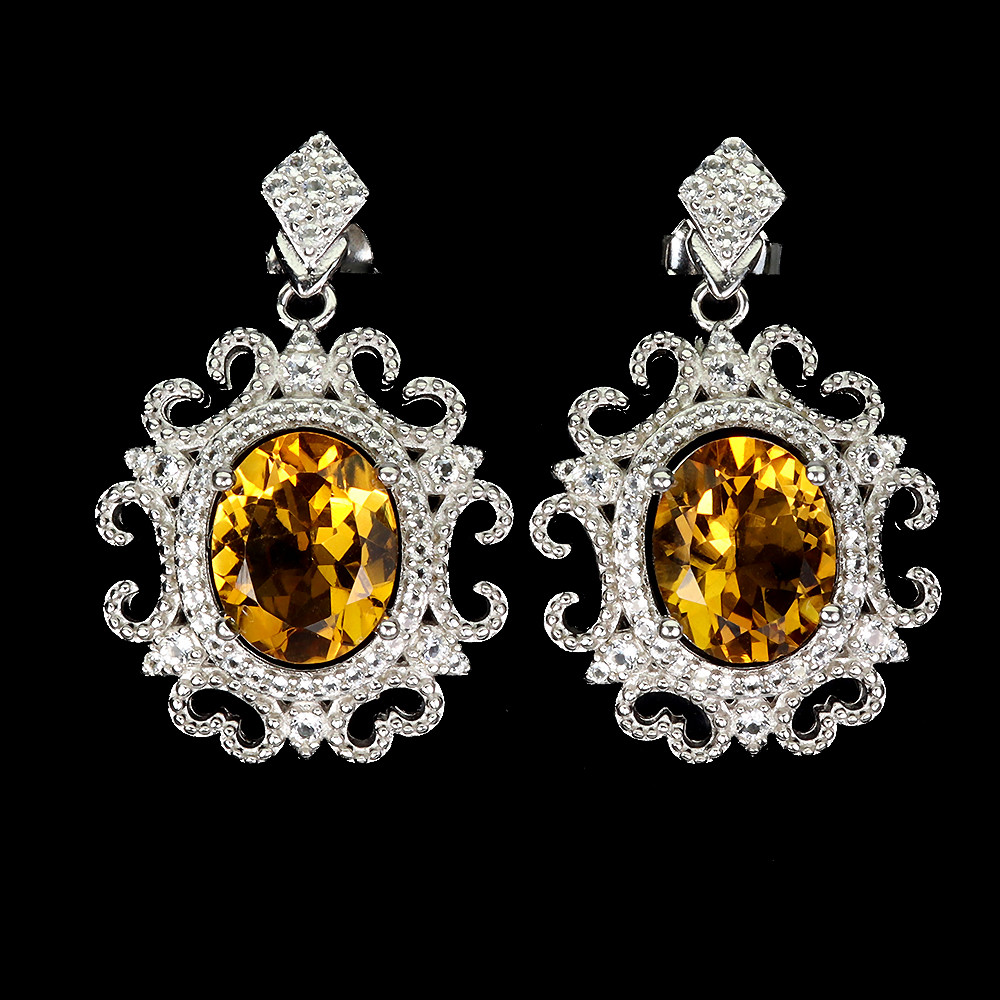 925 Sterling Silver Oval Citrine & White Topaz Earrings 10x8mm Jewelry
