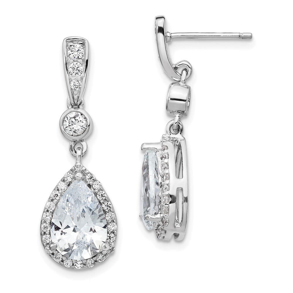 Sterling Silver Cubic Zirconia Bezel Halo Drop & Dangle Earrings 3.46gm L-30 mm