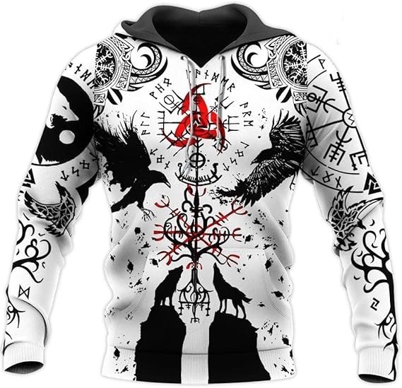 Viking Hoodie Unisex Norse Rune Symbol Wolf Raven Nordic Mythology Pullover