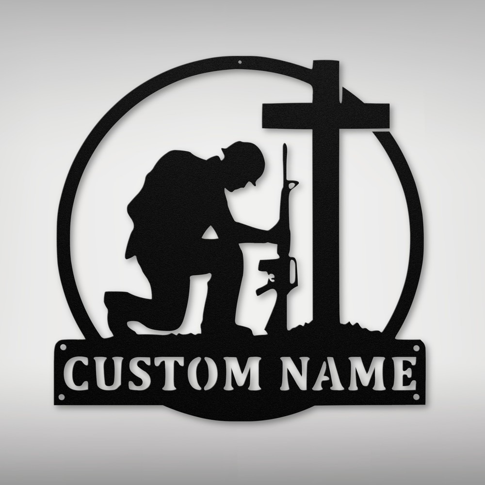 Personalized Soldier Kneeling Metal Sign Custom Military Decor Gift for Veterans