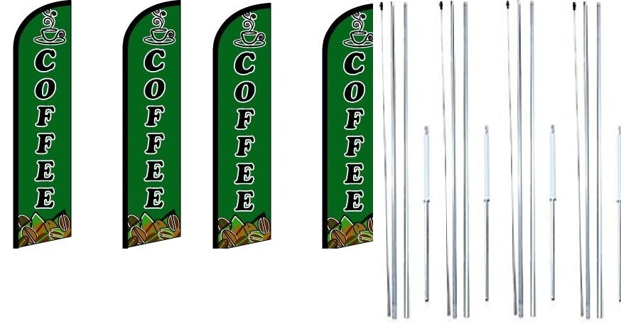 Coffee Windless Flag With Complete Hybrid Pole set- 4 pack