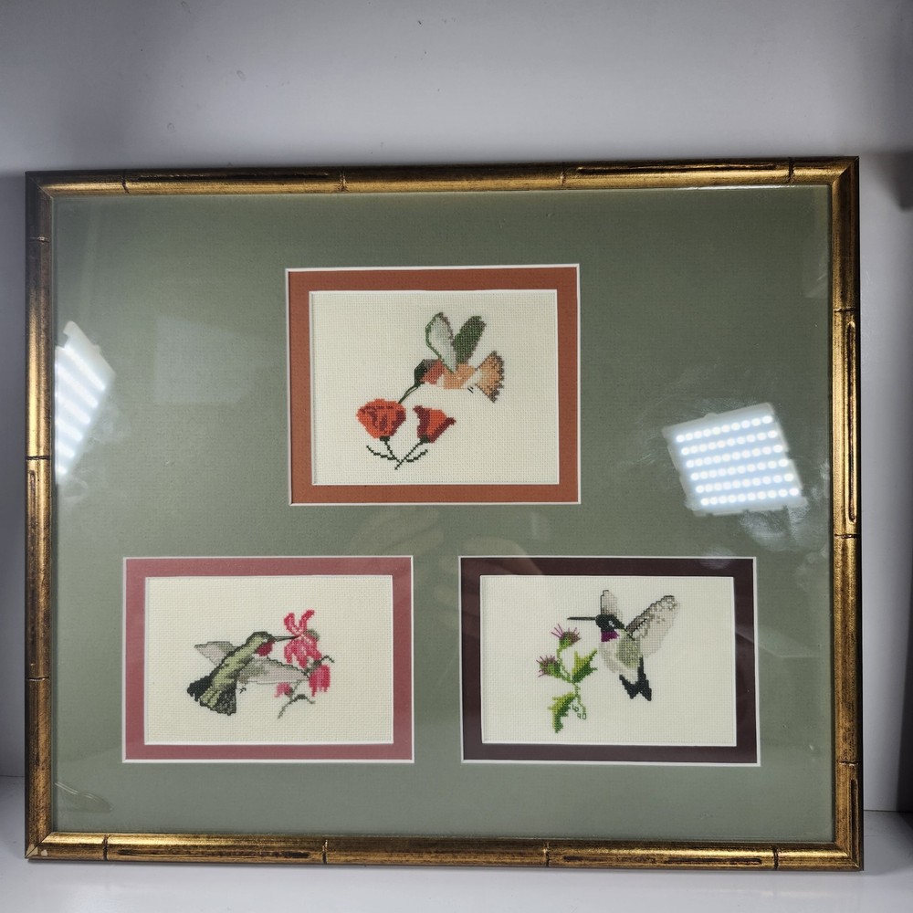 Completed Cross Stitch Artwork - 3 Humming Birds and Flowers Framed Matted