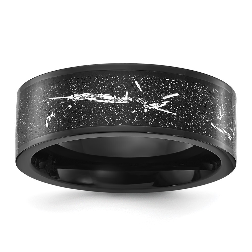 Titanium  Black IP-plated with Black and Silver Foil Inlay 8mm Band Ring Size 11