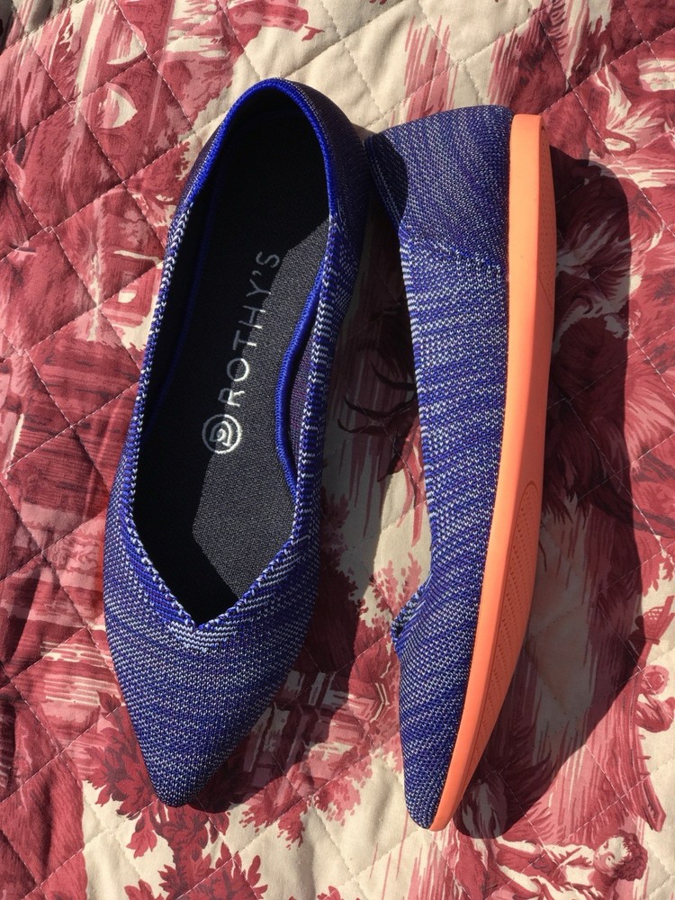 Rothy’s The Point II Pointed Toe Flats Birds Eye Blue Orange Sole, Size 8.5