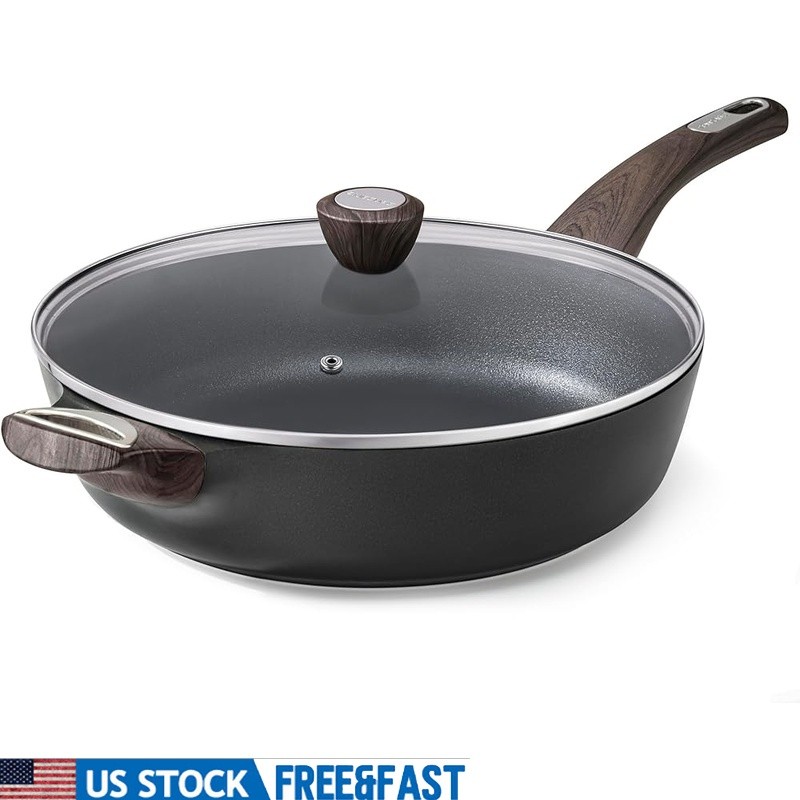 Healthy Nonstick Induction Skillet W/ Tempered Glass Lid Easy Clean Cooking Pan